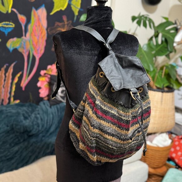 L.B. Evans Handknits Drawstring Backpack Bag, Multi-Color Swirly Tweed Knit main image 5